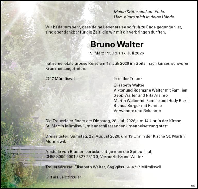Bruno Walter 1953 Todesanzeige / Anzeiger Thal Gäu Olten
