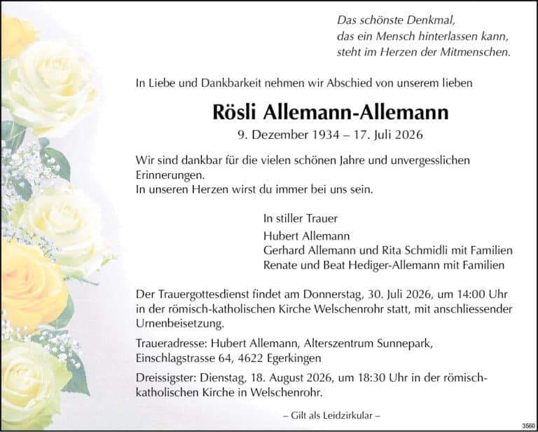 Rösli Allemann-Allemann 1934 Todesanzeige / Anzeiger Thal Gäu Olten
