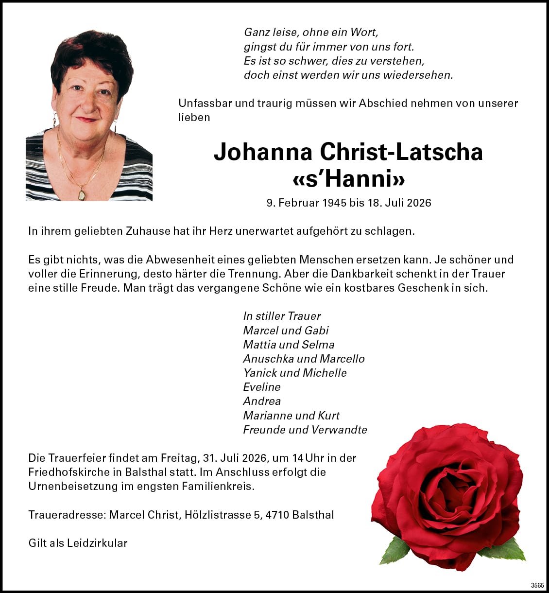 Johanna Christ-Latscha 1945 Todesanzeige / Anzeiger Thal Gäu Olten