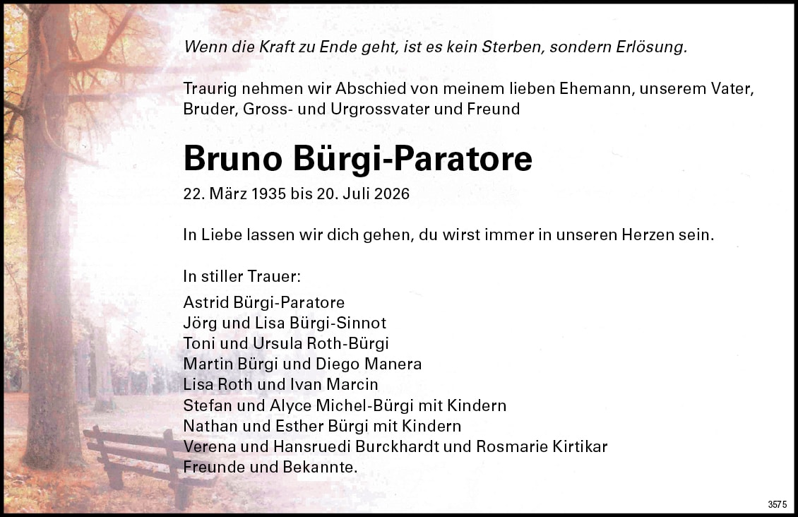 Bruno Bürgi-Paratore 1935 Todesanzeige / Anzeiger Thal Gäu Olten