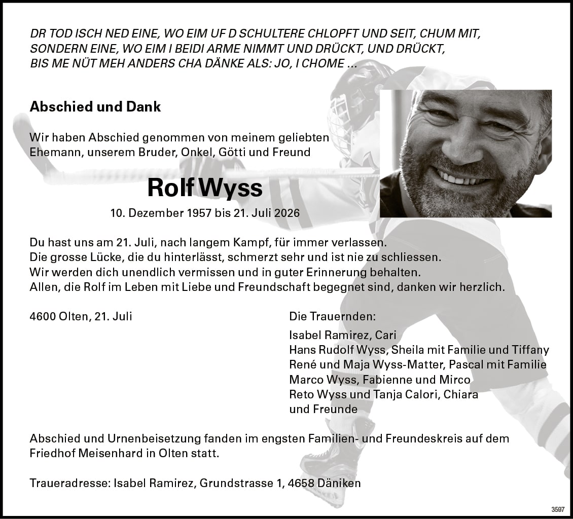 Rolf Wyss 1957 Todesanzeige / Anzeiger Thal Gäu Olten