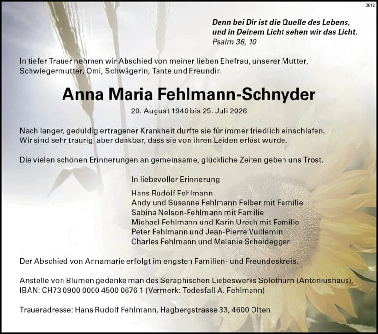 Anna Maria Fehlmann-Schnyder 1940 Todesanzeige / Anzeiger Thal Gäu Olten
