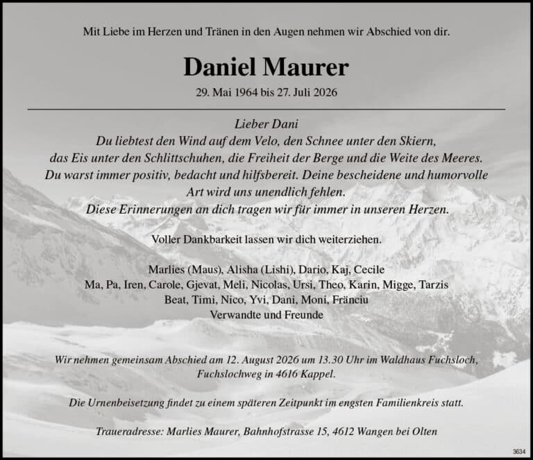 Daniel Maurer 1964 Todesanzeige / Anzeiger Thal Gäu Olten