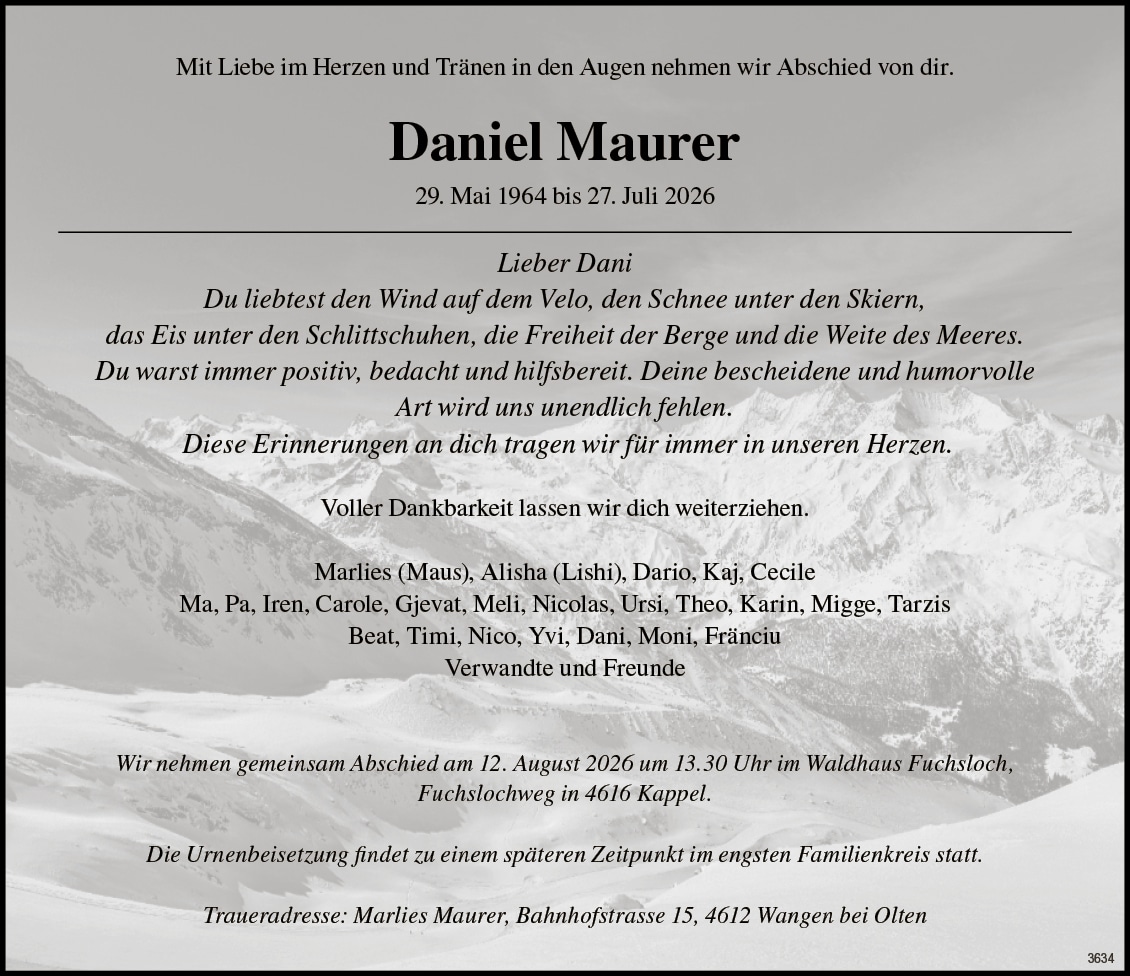 Daniel Maurer 1964 Todesanzeige / Anzeiger Thal Gäu Olten
