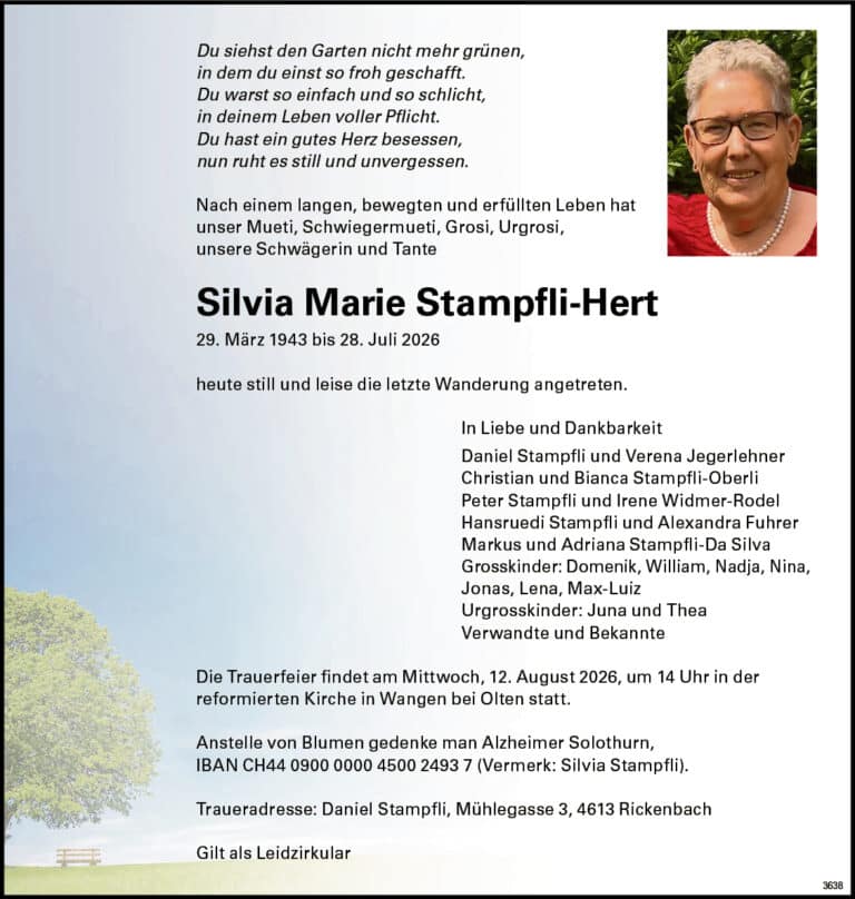 Silvia Marie Stampfli-Hert 1943 Todesanzeige / Anzeiger Thal Gäu Olten
