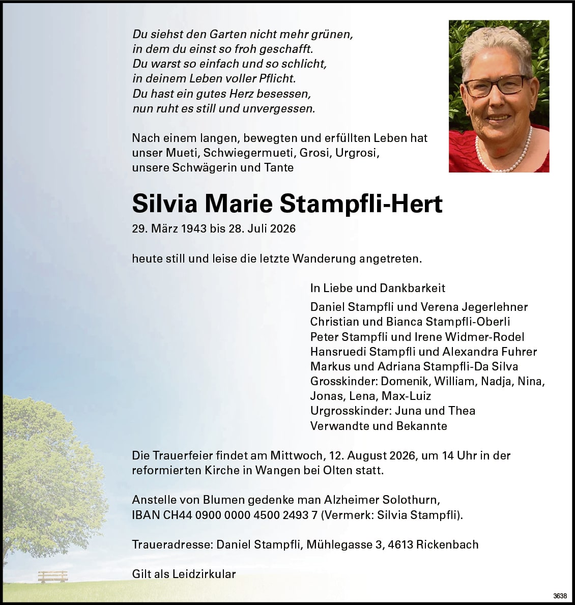 Silvia Marie Stampfli-Hert 1943 Todesanzeige / Anzeiger Thal Gäu Olten
