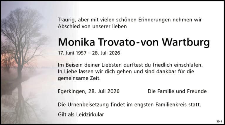 Monika Trovato-von Wartburg 1957 Todesanzeige / Anzeiger Thal Gäu Olten