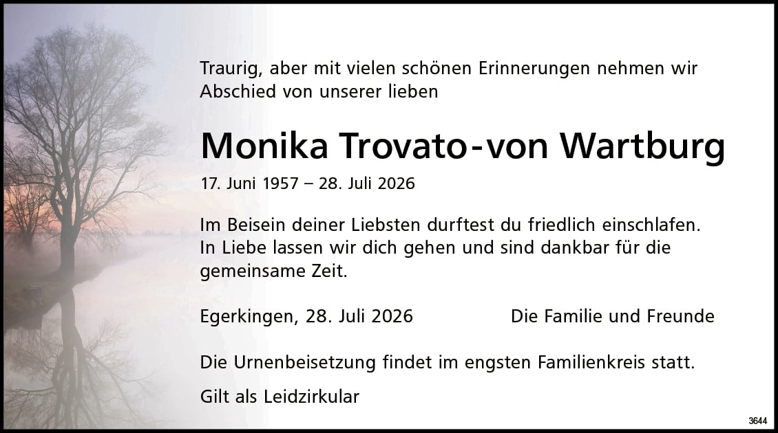 Monika Trovato-von Wartburg 1957 Todesanzeige / Anzeiger Thal Gäu Olten