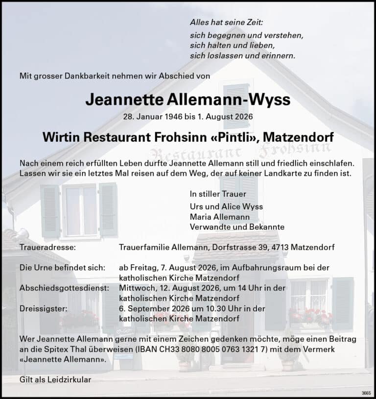 Jeannette Allemann-Wyss 1946 Todesanzeige / Anzeiger Thal Gäu Olten