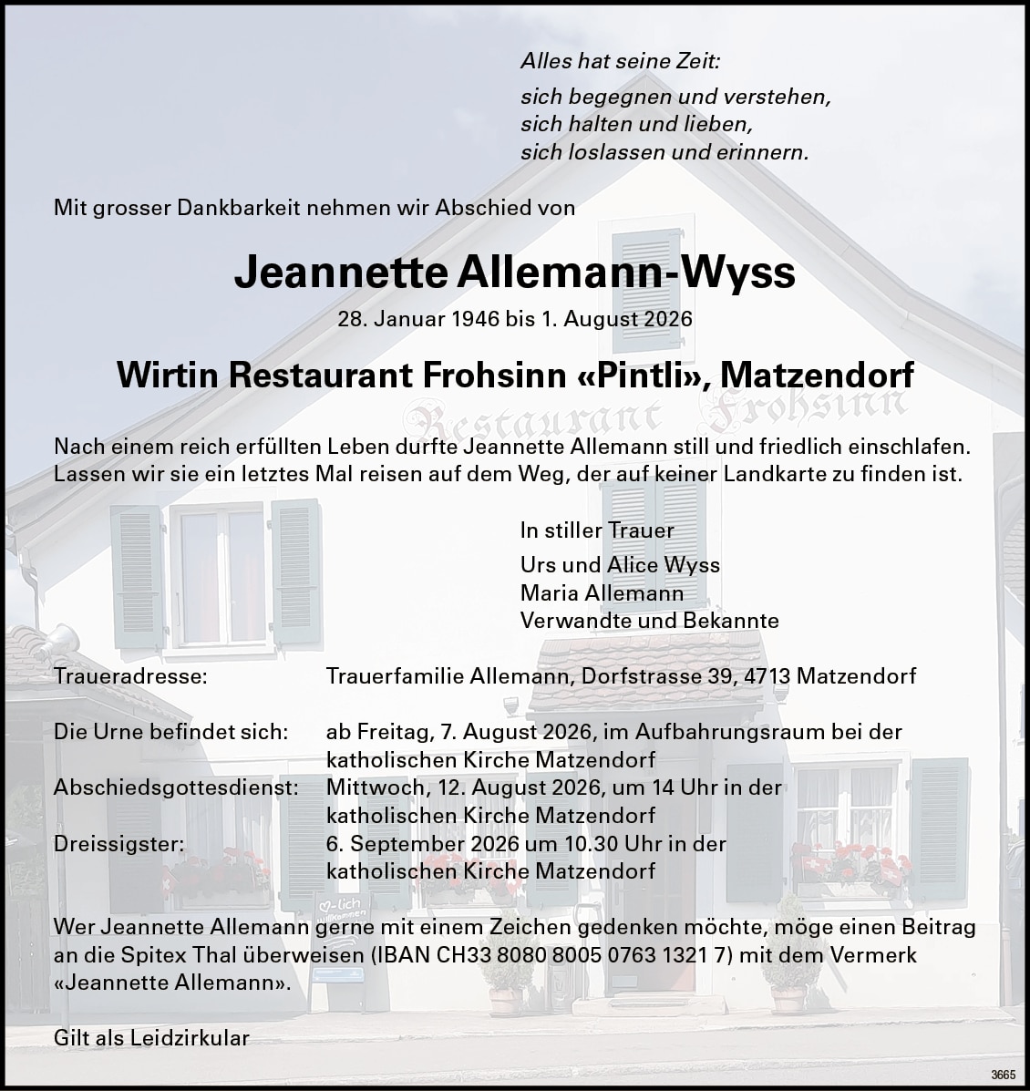 Jeannette Allemann-Wyss 1946 Todesanzeige / Anzeiger Thal Gäu Olten