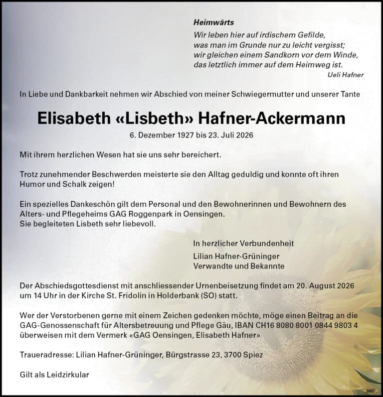 Elisabeth «Lisbeth» Hafner-Ackermann 1927 Todesanzeige / Anzeiger Thal Gäu Olten