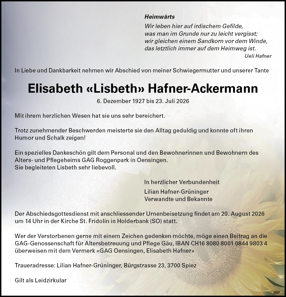 Elisabeth «Lisbeth» Hafner-Ackermann 1927 Todesanzeige / Anzeiger Thal Gäu Olten