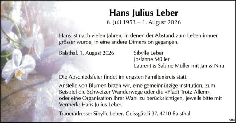 Hans Julius Leber 1953 Todesanzeige / Anzeiger Thal Gäu Olten