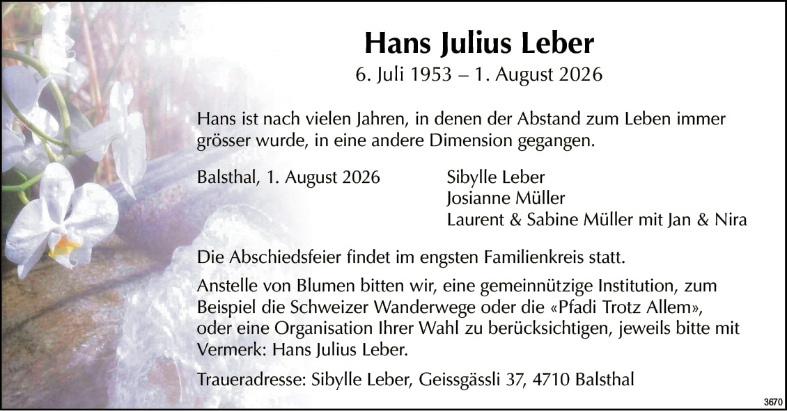 Hans Julius Leber 1953 Todesanzeige / Anzeiger Thal Gäu Olten