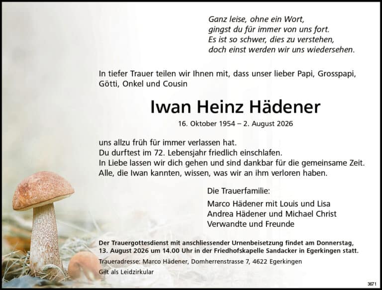 Iwan Heinz Hädener 1954 Todesanzeige / Anzeiger Thal Gäu Olten