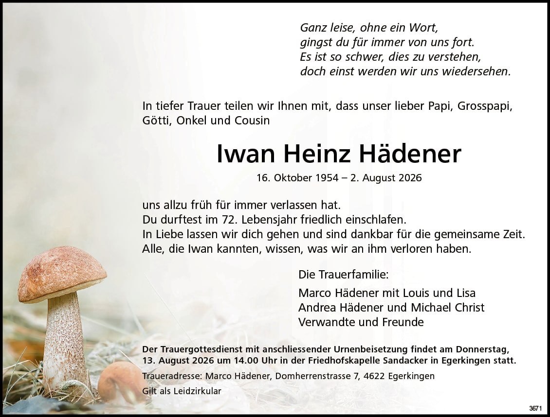 Iwan Heinz Hädener 1954 Todesanzeige / Anzeiger Thal Gäu Olten