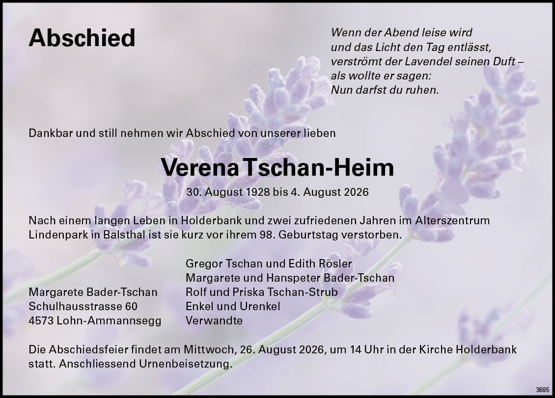 Verena Tschan-Heim 1928 Todesanzeige / Anzeiger Thal Gäu Olten
