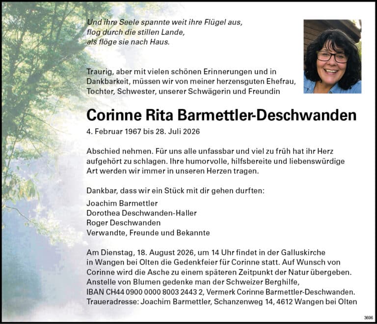 Corinne Rita Barmettler-Deschwanden 1967 Todesanzeige / Anzeiger Thal Gäu Olten