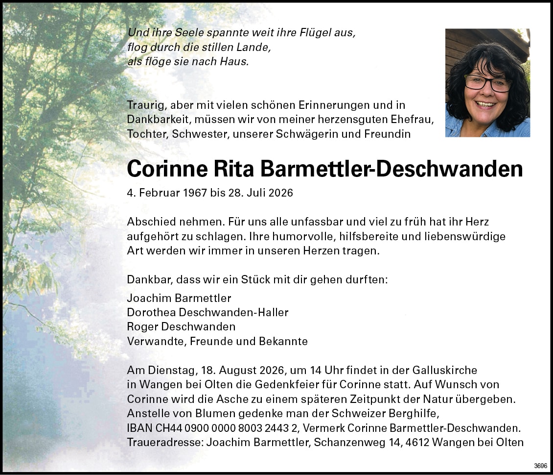Corinne Rita Barmettler-Deschwanden 1967 Todesanzeige / Anzeiger Thal Gäu Olten