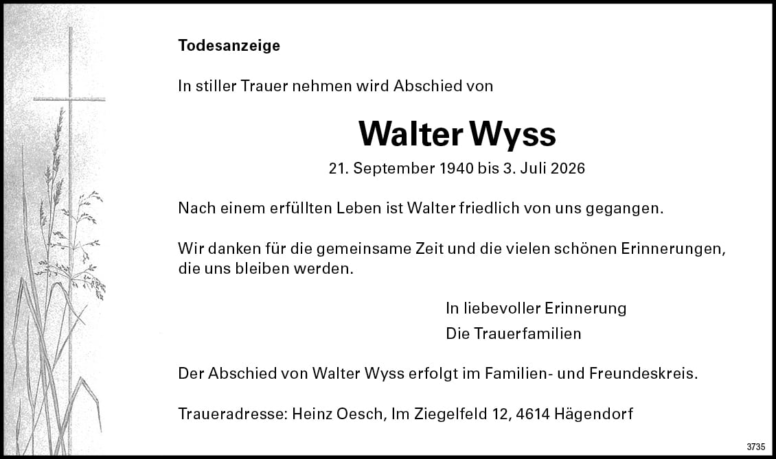 Walter Wyss 1940 Todesanzeige / Anzeiger Thal Gäu Olten
