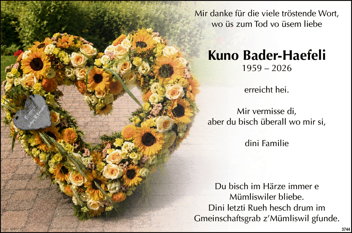 Kuno Bader-Haefeli 1959 Todesanzeige / Anzeiger Thal Gäu Olten