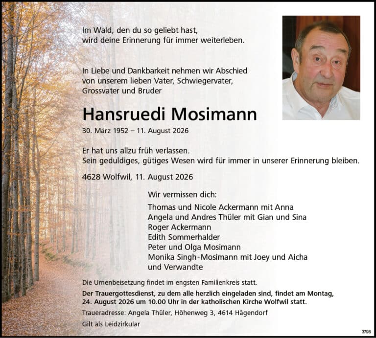 Hansruedi Mosimann 1952 Todesanzeige / Anzeiger Thal Gäu Olten