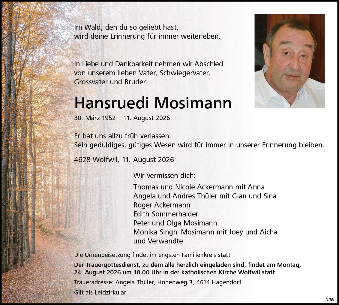 Hansruedi Mosimann 1952 Todesanzeige / Anzeiger Thal Gäu Olten