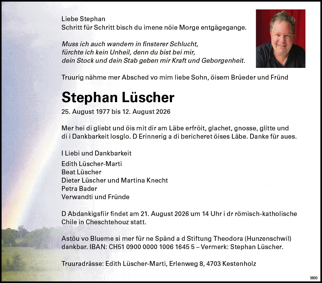 Stephan Lüscher 1977 Todesanzeige / Anzeiger Thal Gäu Olten