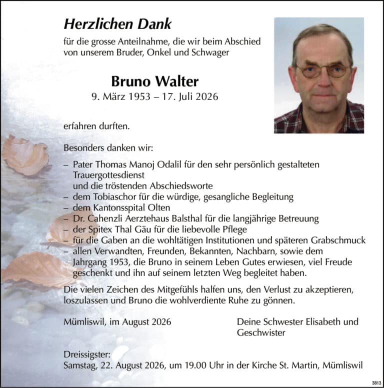 Bruno Walter 1953 Todesanzeige / Anzeiger Thal Gäu Olten