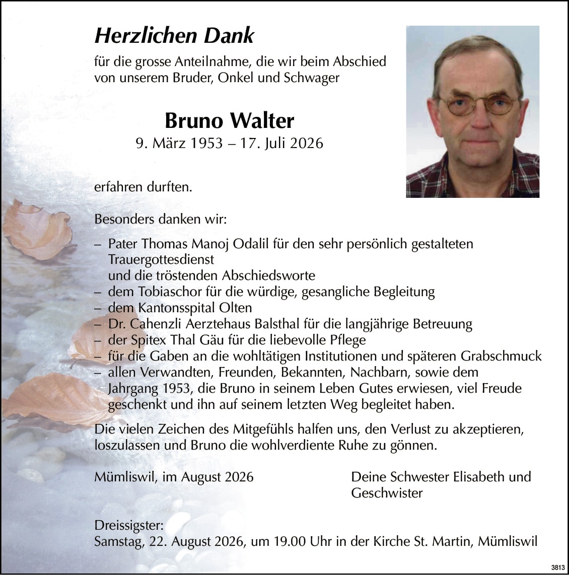 Bruno Walter 1953 Todesanzeige / Anzeiger Thal Gäu Olten