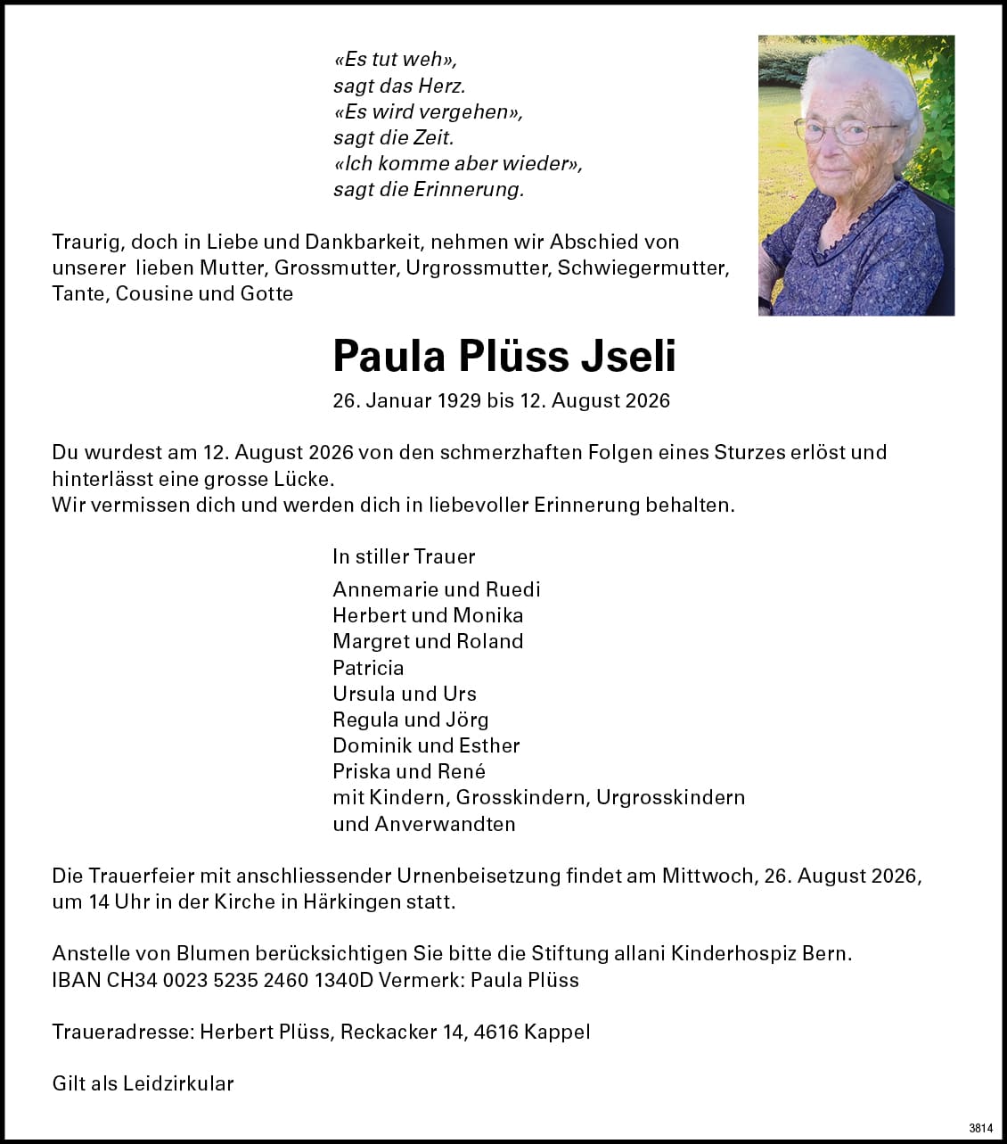 Paula Plüss Jseli 1929 Todesanzeige / Anzeiger Thal Gäu Olten