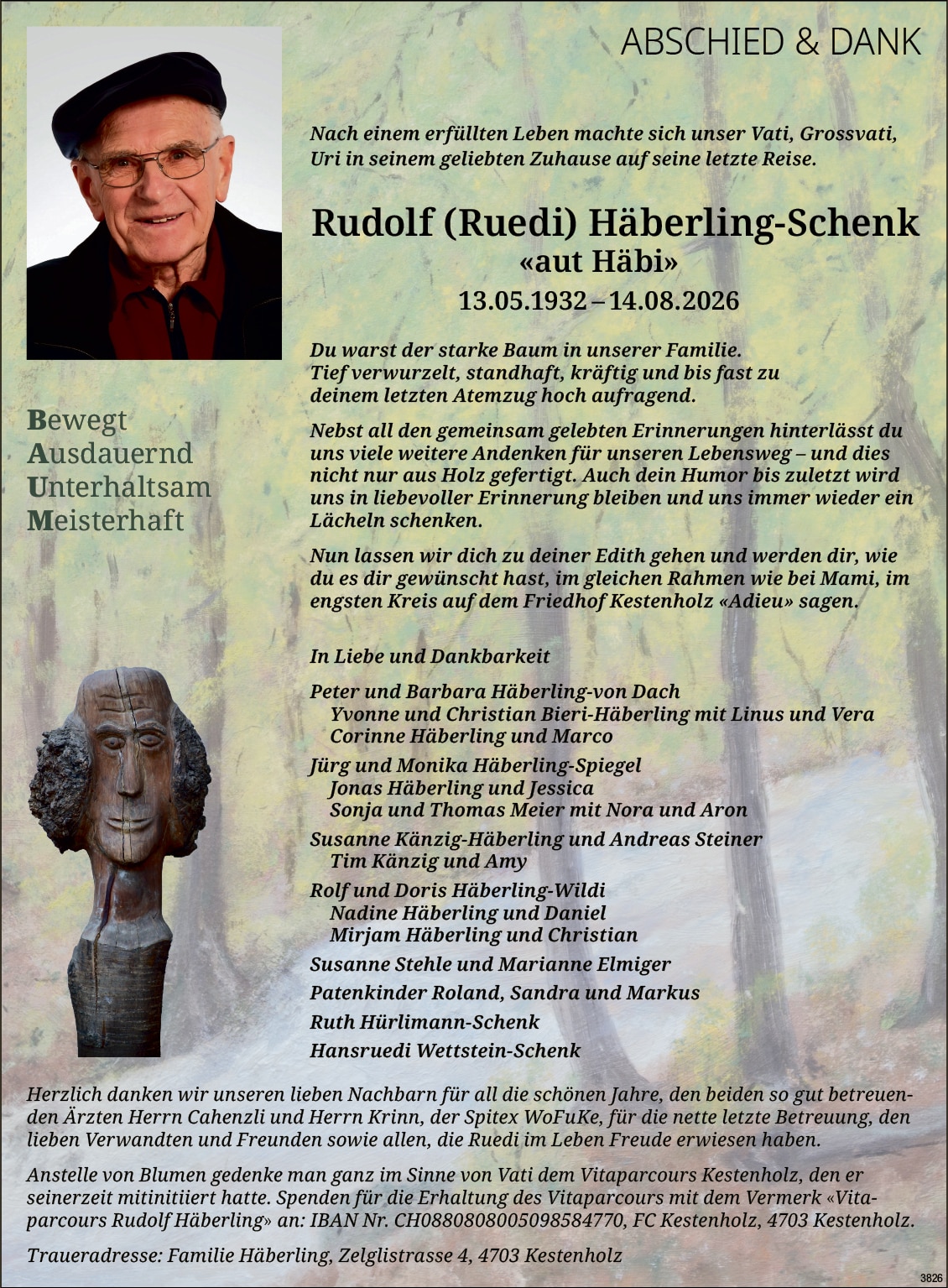 Rudolf (Ruedi) Häberling-Schenk 1932 Todesanzeige / Anzeiger Thal Gäu Olten