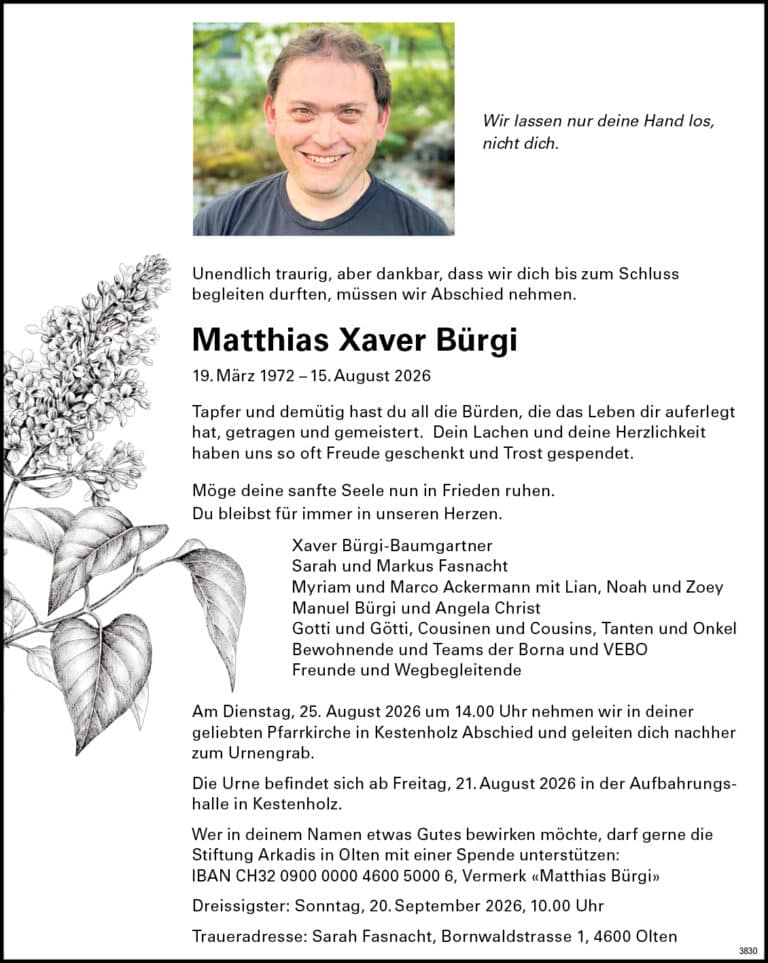 Matthias Xaver Bürgi 1972 Todesanzeige / Anzeiger Thal Gäu Olten