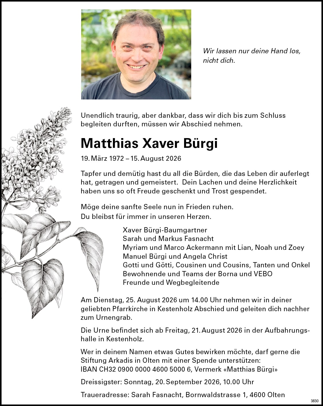 Matthias Xaver Bürgi 1972 Todesanzeige / Anzeiger Thal Gäu Olten