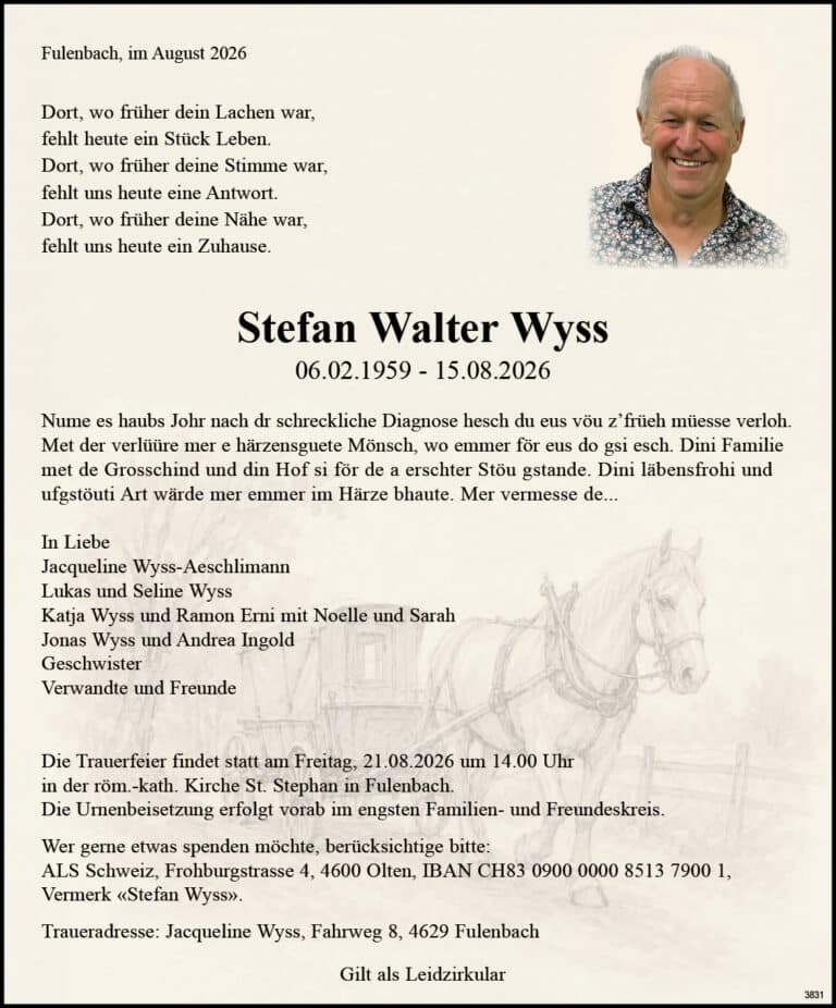 Stefan Walter Wyss 1959 Todesanzeige / Anzeiger Thal Gäu Olten
