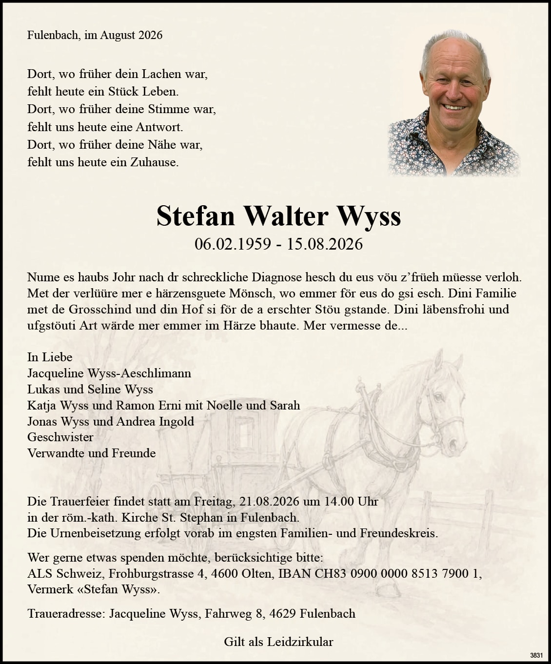 Stefan Walter Wyss 1959 Todesanzeige / Anzeiger Thal Gäu Olten